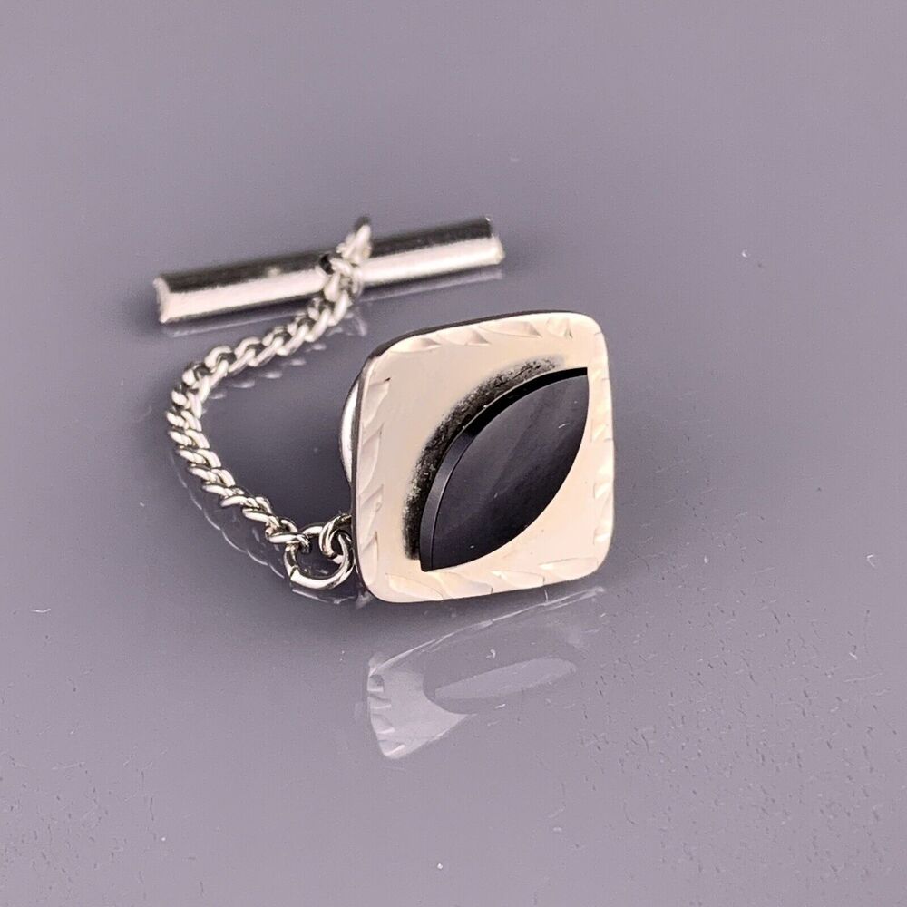 Black Obsidian Sterling Silver Tie Tack Pin Square Simple Carved Vintage